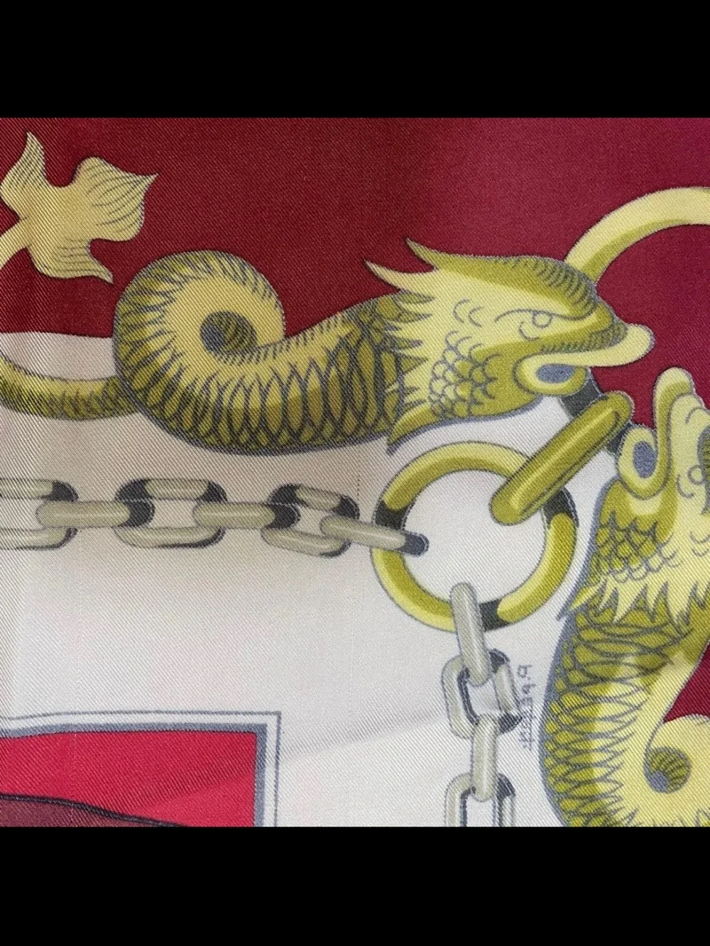 Hermes Red Pink Gold Silk Scarf with Nautical Chain and Dragon Motif